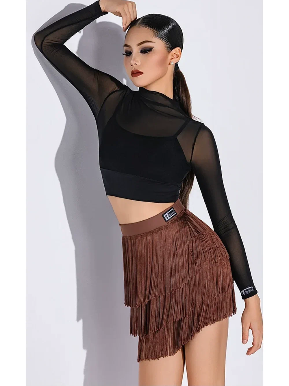 Women's Latin Dance Skirt Three-Layer Fringe with Built-in Leotard