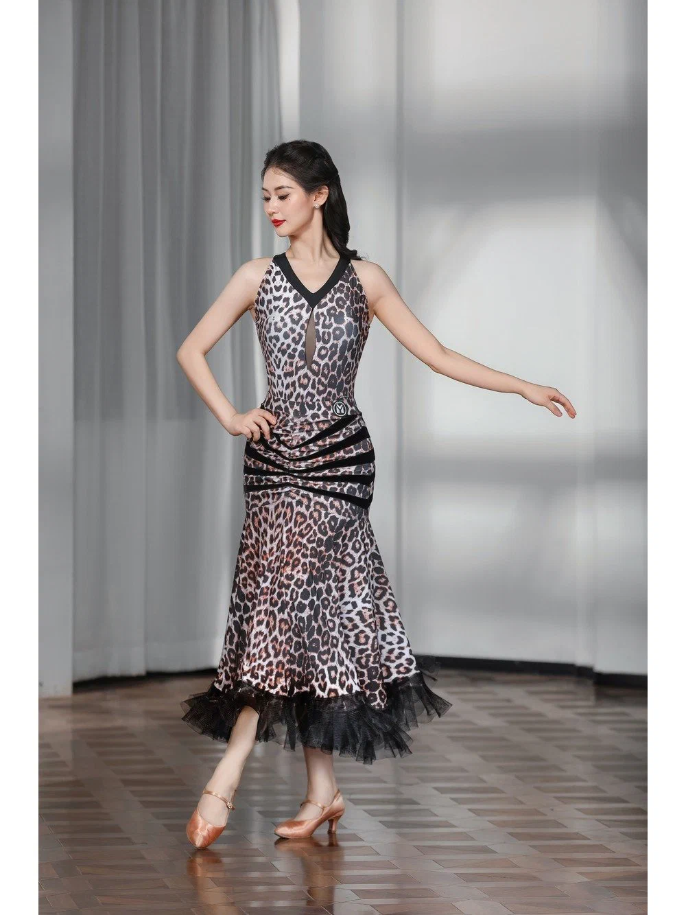 Women's Modern Dance Set V-Neck Mesh Leopard Bodysuit with Velvet Skirt