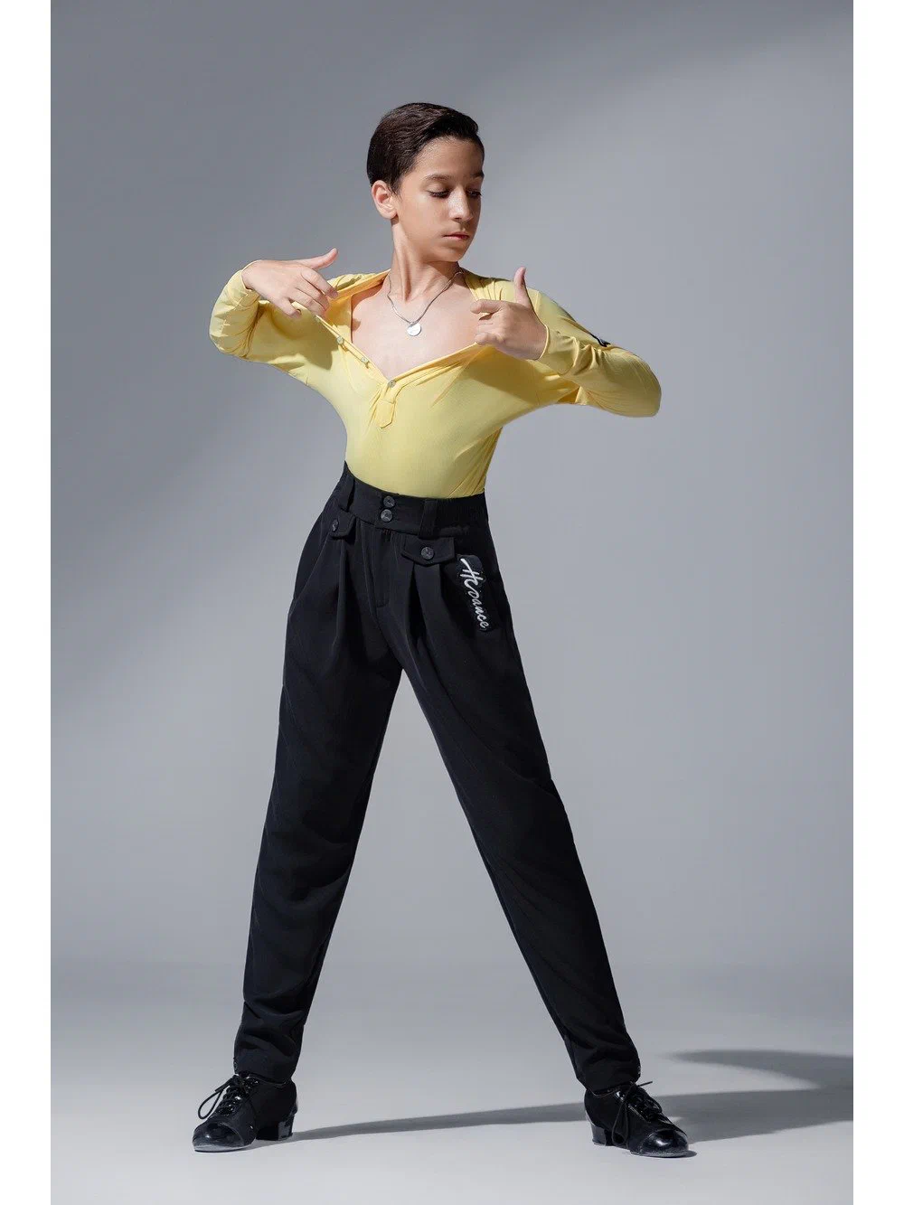 Boys Latin Dance Set Henley Collar Long Sleeve Top with Carrot Pants