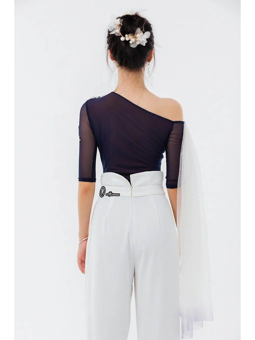 Women's Modern Dance Set Gradient Mesh One-Shoulder Bodysuit with High-Waist Pants