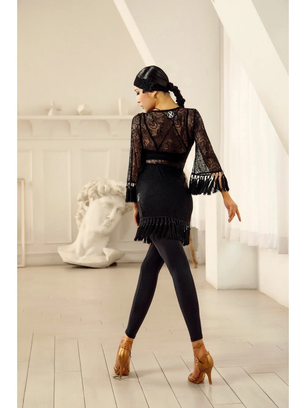 Women's Latin Dance Set Sheer Lace Long Sleeve Top with High-Waist Pants