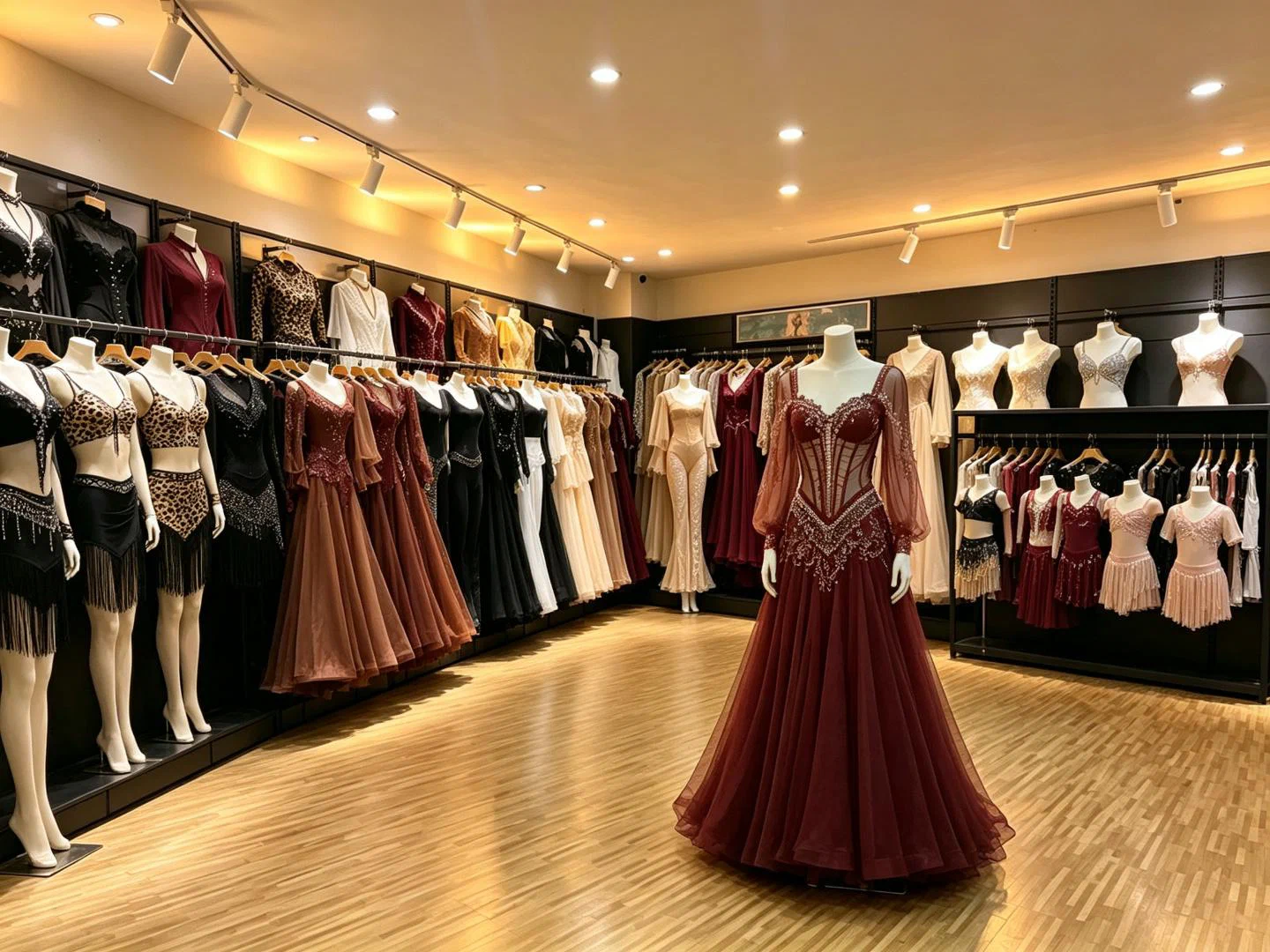 Elegant ballroom dance dress with rhinestones on a mannequin in the showroom